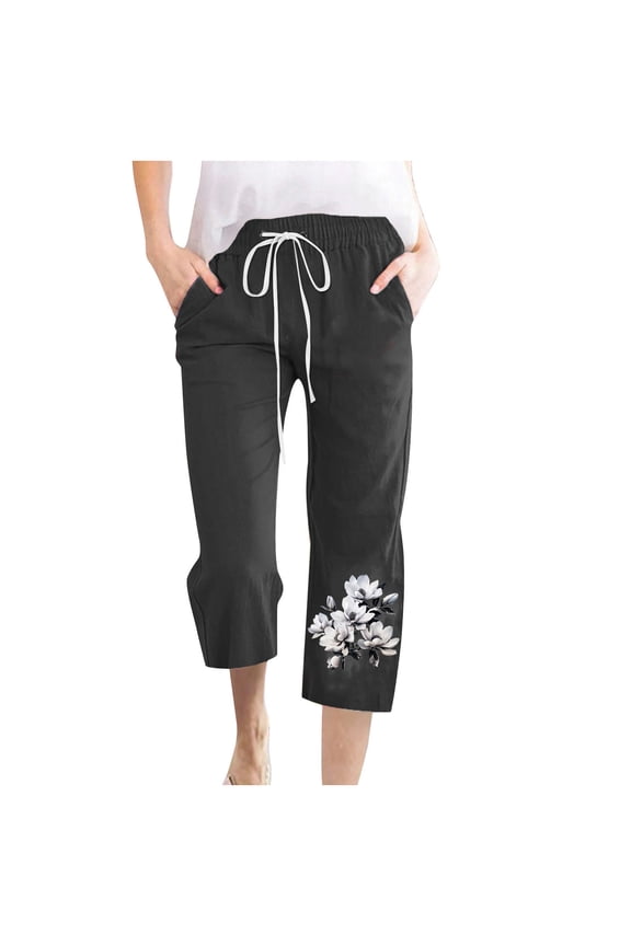 Linen Capri Pants Women Summer Casual Capris Drawstring Waist Wide Leg Cropped Pant Plus Size Floral Beach Trousers Black M