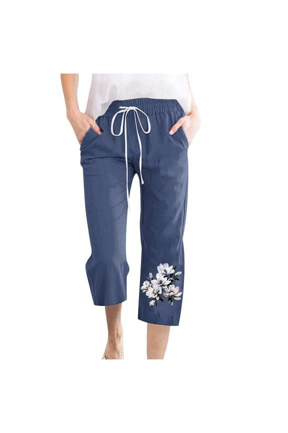 Linen Capri Pants Women Summer Casual Capris Drawstring Waist Wide Leg Cropped Pant Plus Size Floral Beach Trousers Blue XXXL