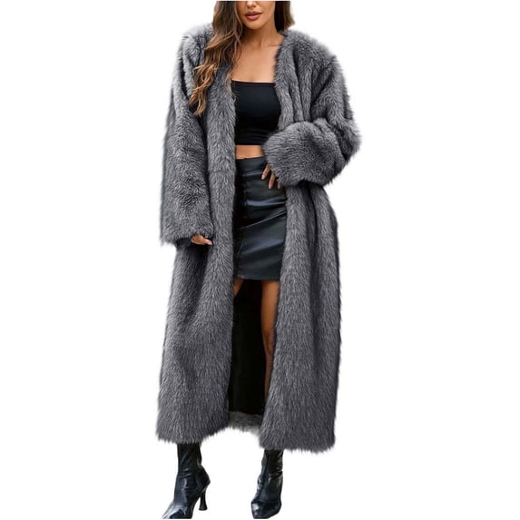 Sexlip Long Faux Fur Coats For Women Shaggy Lapel Open Front Cardigan Fuzzy Fleece Jacket Long Sleeve Warm Winter Coats Outerwear Gray S
