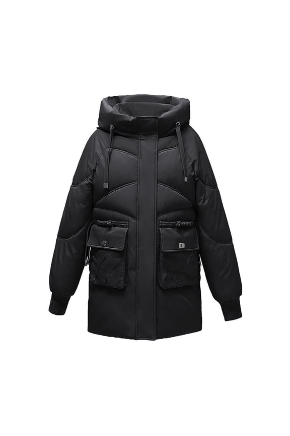Long Padded Puffer Jacket for Women Zip up Winter Hooded Down Coat Thick Warm Parka Windproof Outerwear with Pockets Black M