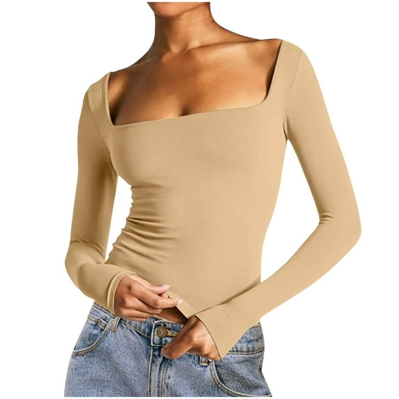 Sexlip Long Sleeve Shirts for Women - Basic Slim Fit Double Lined Square Neck Crop T Shirt Beige S