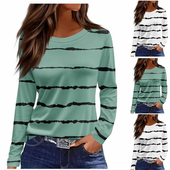 Sexlip Long Sleeve Shirts for Women Crew Neck Ladies Tops Loose Fit Tunic Print Tee Green L