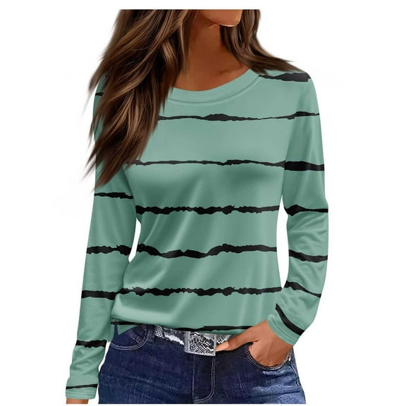 Sexlip Long Sleeve Shirts for Women Crew Neck Ladies Tops Loose Fit Tunic Print Tee Green M