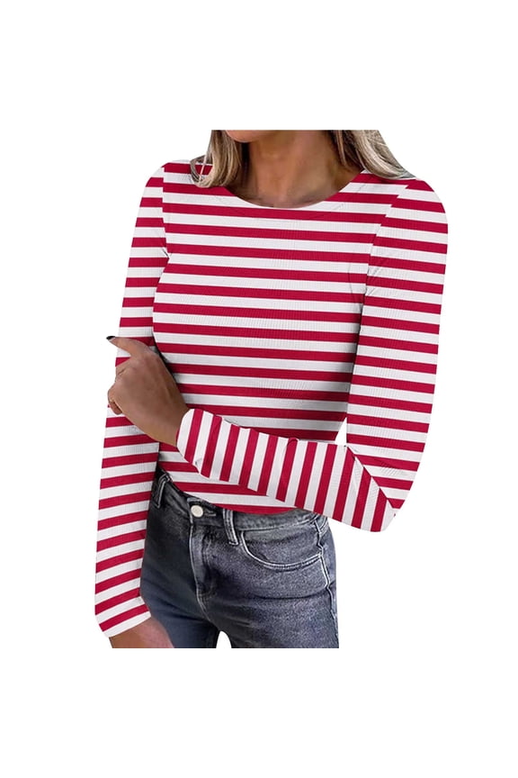 Longsleeve Women Stretch Ribbed Knit Basic T-Shirts Slim Fit Xmas Patterned Tight Tops Fashion Clothe Red M