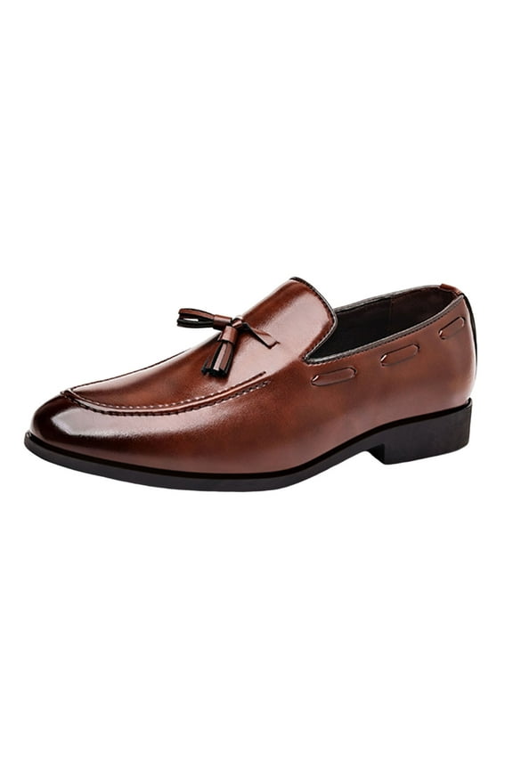 Men's Leather Tassel Slip-On Dress Shoes, Wide Block Heel Pointy Toe, Brown 47