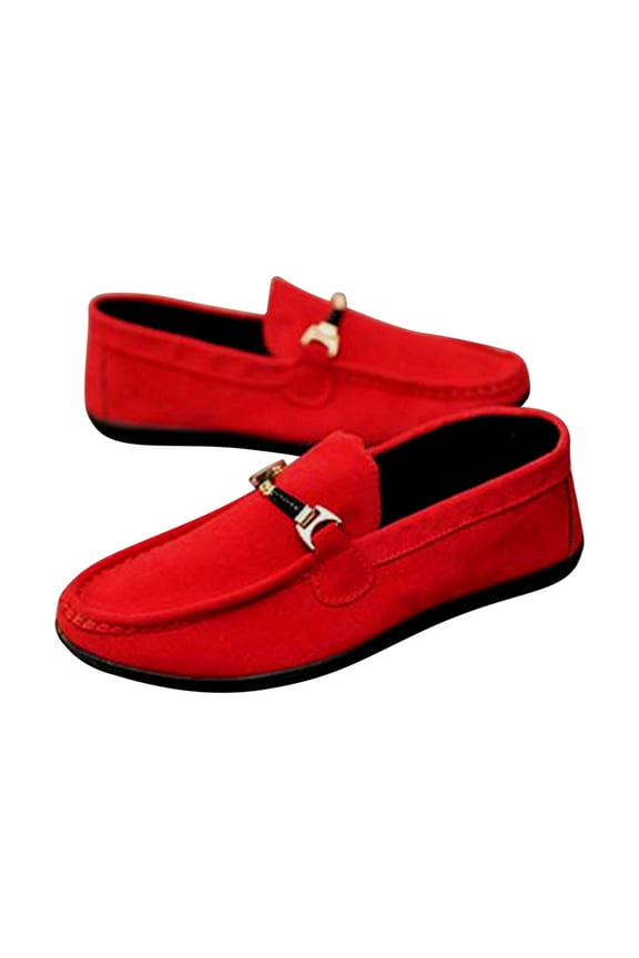 Men's Suede Loafers Slip on Shoes Buckle Flats Comfortable Breathable Driving Moccasins Fashion Comfy Versatile Shoes Red 41