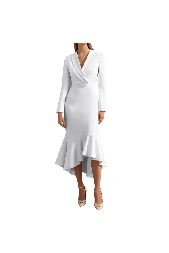 Mermaid Dress for Women, Long Sleeve V-Neck Bodycon Gown with Ruffle Hem Solid Color Evening Party Dress White XXL