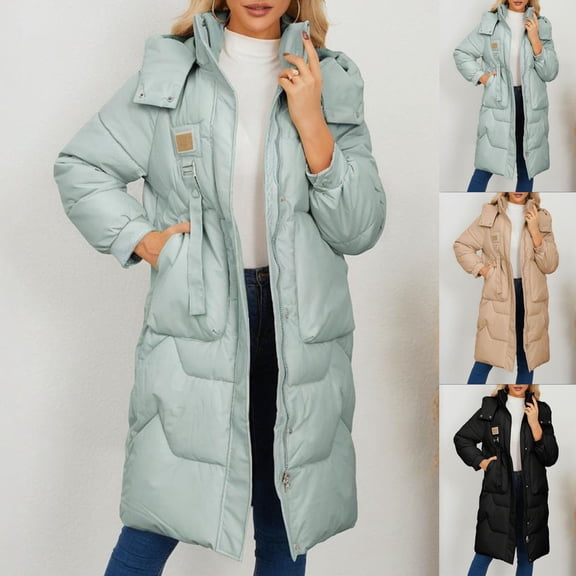 Sexlip Midi Coats for Women Winter Hooded Long Sleeve Quilted Jacket with Pocket Zip Fashion Cozy Outdoor Thermal Parka Black L