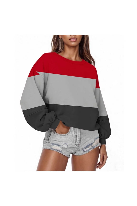 Oversized Casual Sweatshirt For Women Round Neck Drop Shoulder Tie Dye Pullover Fashion Fall Winter Color Block Tops Red L
