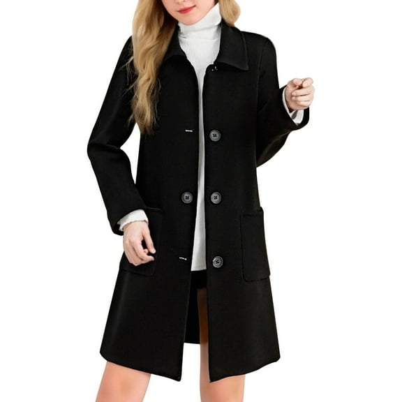 Sexlip Pea Coats For Women Elegant Single Breasted Mid Length Wool Coat Long Sleeve Outwear Overcoat Winter Clothing Black XL