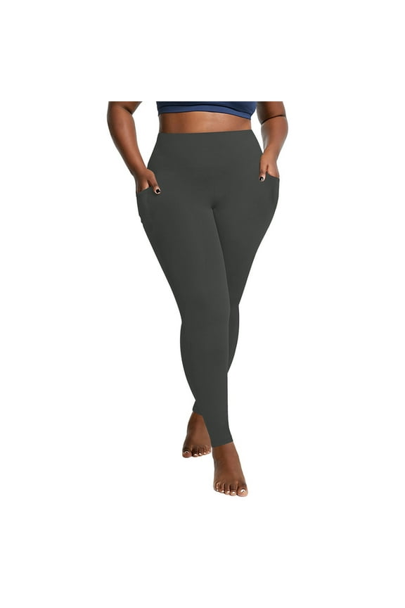 Plus Size Fleece Lined Leggings with Pockets for Women, Thermal High Waisted Workout Yoga Pants Tummy Control Gray XXXL