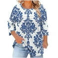 thumbnail image 1 of Sexlip Plus Size Tops for Women Fall Floral Print Pleated Front Going Out Casual Blouse Loose Crewneck 3/4 Sleeve Shirt Blue XXXL, 1 of 5