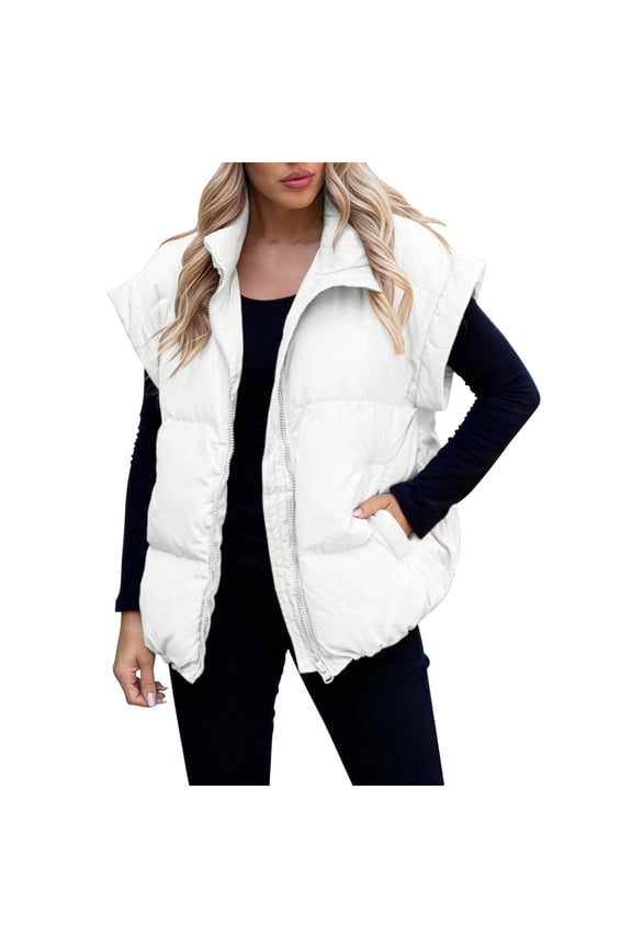 Puffer Vest Women Oversized Full Zip Up Sleeveless Vest Jackets Stand Collar Bubble Quilted Padded Warm Winter Coats White S