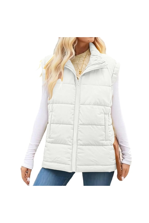 Puffer Vest Women Sleeveless Zip Up Outerwear Stand Collar Quilted Vest Warm Winter Jackets Coats with Pockets White L