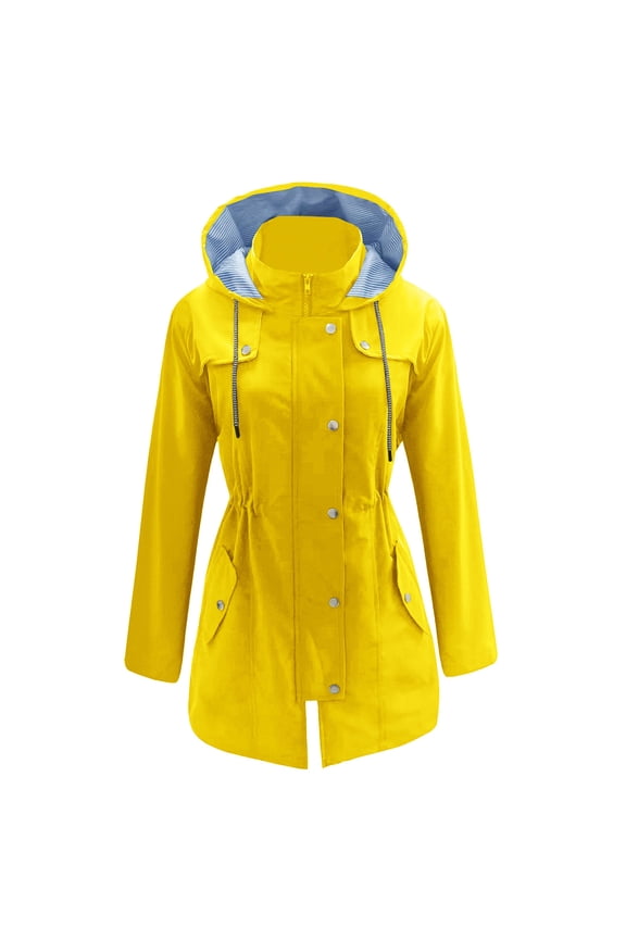 Rain Jacket Women Striped Lined Hooded Lightweight Raincoat Outdoor Waterproof Windbreaker Yellow M
