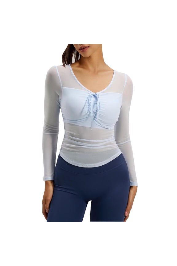 Slim Long Sleeve Mesh Yoga Top V-Neck Comfortable Casual Fitness Blouse Stretchy Breathable Ideal for Home Work Women's Sportswear Blue XL