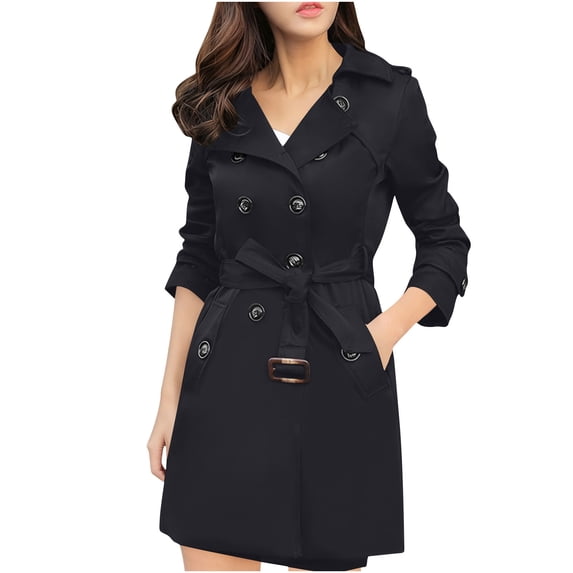 Sexlip Spring Windbreaker Women Lapel Slim Double-Breasted Jacket Dignified Medium-Length Plus Size Trench Coat Black XXXL
