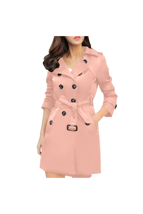 Spring Windbreaker Women Lapel Slim Double-Breasted Jacket Dignified Medium-Length Plus Size Trench Coat Pink L