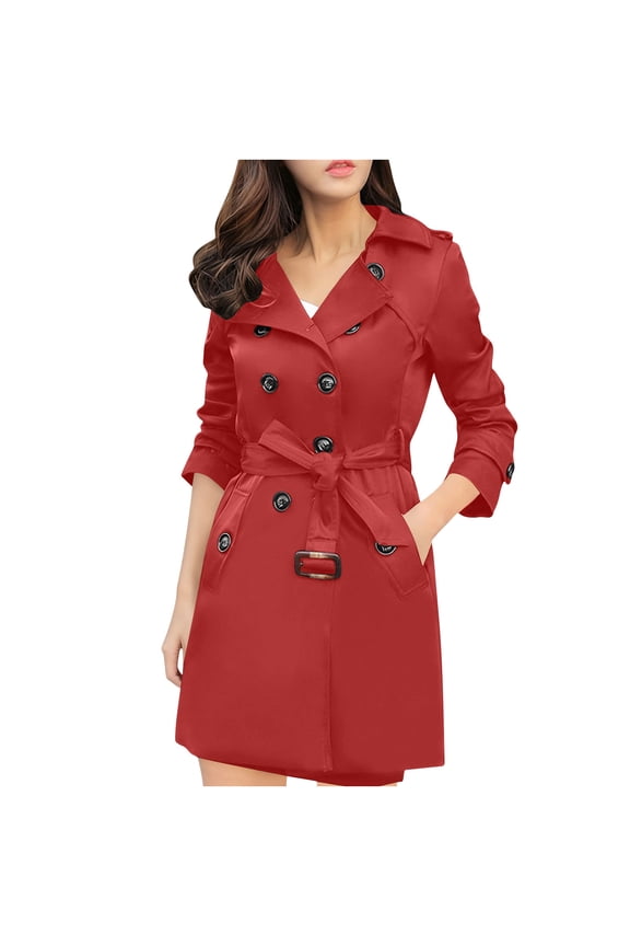 Spring Windbreaker Women Lapel Slim Double-Breasted Jacket Dignified Medium-Length Plus Size Trench Coat Red XXXL