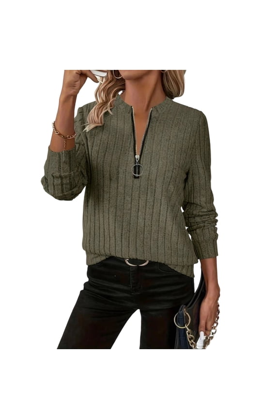 Sweaters for Women Solid Color Ribbed Zip Zipper Crewneck Jumpers Winter Ladies Sweater Warm Long Sleeve Green XL