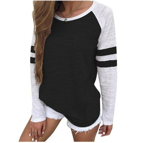 Sexlip Tops Striped Long Sleeve Shirts for Women Color Block Baseball T-Shirt Crewneck Tops Casual Loose Tees Black XXL