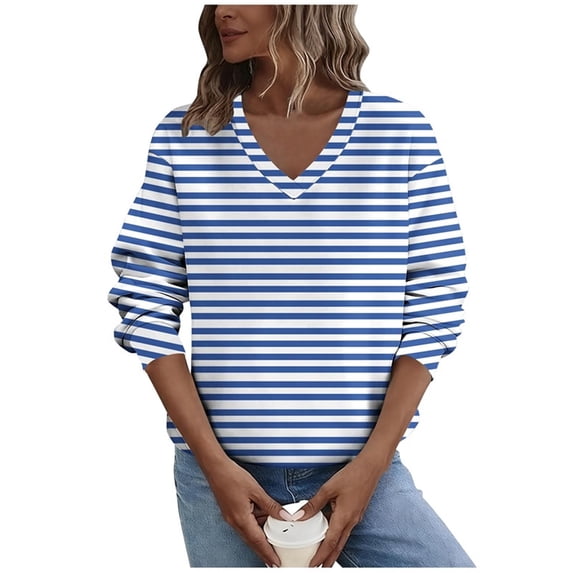 Sexlip V-Neck Long Sleeve Casual Sweatshirt Fleece Relaxed Fit Soft Comfortable Top for Winter Daily Wear Women's Clothing Fashionable Lifestyle Essential Blue XXL