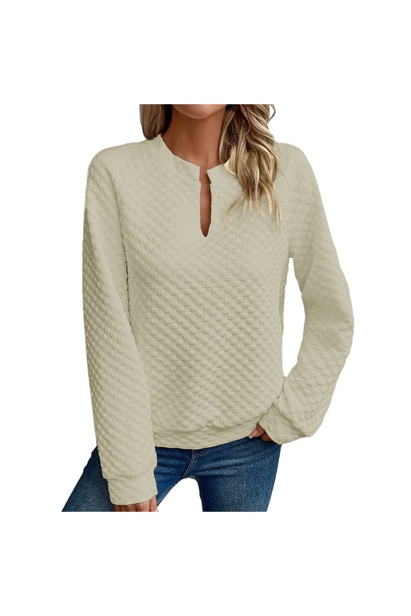V-neck Long Sleeved Casual Sweatshirt Stylish Lightweight Comfortable Soft Fabric Suitable for Winter Spring Daily Wear Fashion Tops For Women Beige XXL