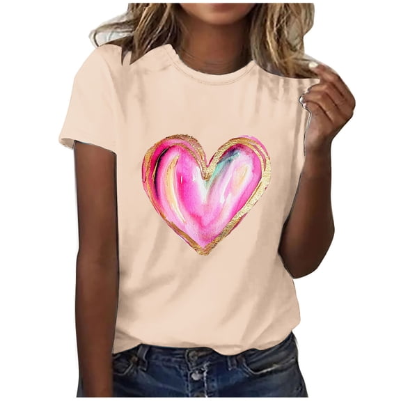 Sexlip Valentines Shirt Women Funny Love Heart Graphic Shirts Valentine's T-Shirt Crew Neck Short Sleeve Soft Comfy Top Beige M