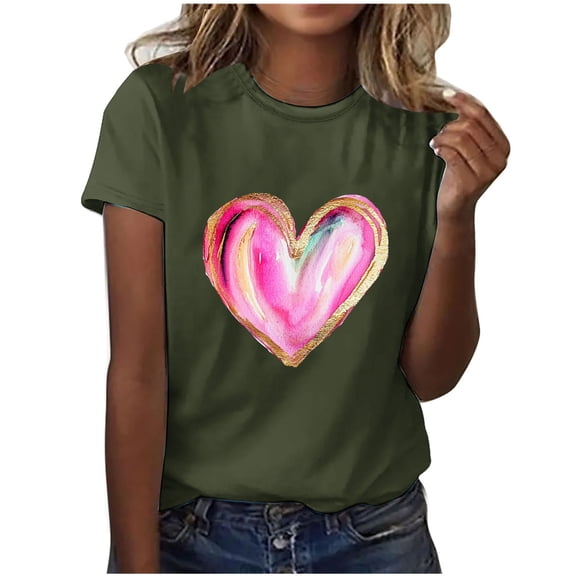 Sexlip Valentines Shirt Women Funny Love Heart Graphic Shirts Valentine's T-Shirt Crew Neck Short Sleeve Soft Comfy Top Green L