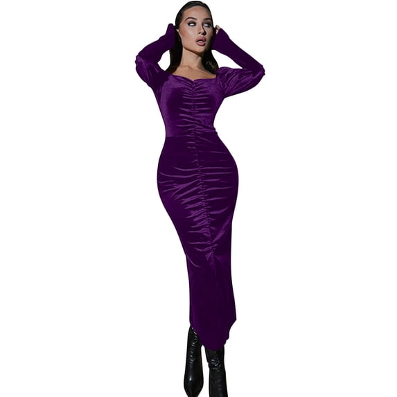 Sexlip Velvet Bodycon Dress for Women Sweetheart Neck Puff Long Sleeve Ruched Slim Fit Maxi Dress Y2k Party Clothes Purple M