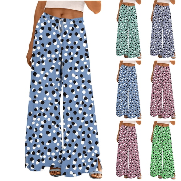 Sexlip Wide Leg Pants for Women Floral Printed Elastic Waist Drawstring Casual Loose Fit Long Flowy Trousers Blue L
