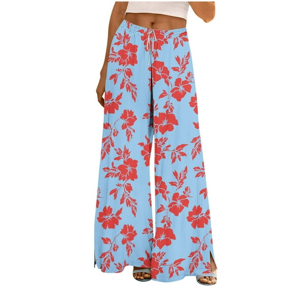 Sexlip Wide Leg Pants for Women Floral Printed Elastic Waist Drawstring Casual Loose Fit Long Flowy Trousers Blue M