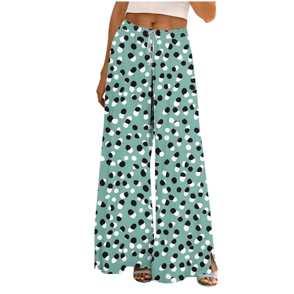 Sexlip Wide Leg Pants for Women Floral Printed Elastic Waist Drawstring Casual Loose Fit Long Flowy Trousers Green L