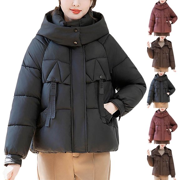 Sexlip Winter Coats for Women Thicken Warm Puffer Jackets Trendy Stand Coller Zip Up Down Coat Outerwear with Hood Black L