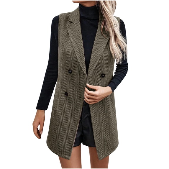 Sexlip Winter Long Vest for Women Sleeveless Tweed Blazer Fall Double Breasted Jackets Cardigan Outerwear Coat Gray XL
