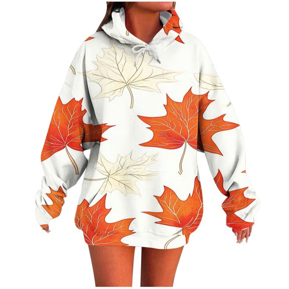 Sexlip Winter Women's Long Sleeve Hooded Sweatshirt Comfy Tank Top Leaf Print Casual Fashion Comfortable Regular Fit Everyday Wear Beige XXL