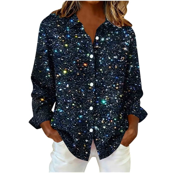 Sexlip Women Button Down V Neck Tops Dressy Casual Long Sleeve Lapel Collar Work Business Blouse Fashion Printed Vacation Shirt Blue XXXL
