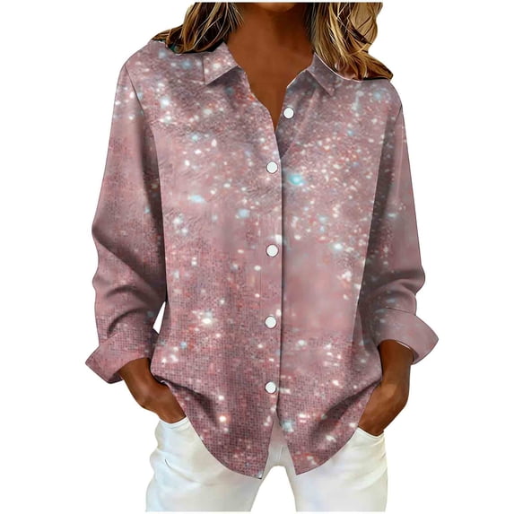 Sexlip Women Button Down V Neck Tops Dressy Casual Long Sleeve Lapel Collar Work Business Blouse Fashion Printed Vacation Shirt Pink L