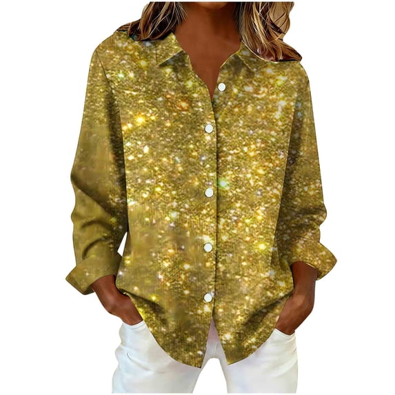 Sexlip Women Button Down V Neck Tops Dressy Casual Long Sleeve Lapel Collar Work Business Blouse Fashion Printed Vacation Shirt Yellow XL
