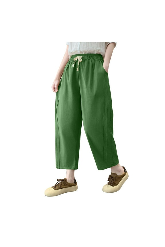 Women Capri Pants Drawstring High Waist Trousers Wide Leg Cropped Pants with Pockets Green XXL
