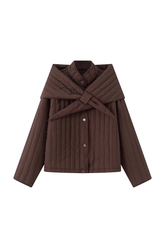 Women Casual Detachable Scarf Jacket Single Breasted Long Sleeve Loose Holiday Coat Brown M