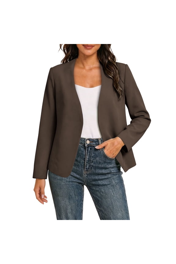Women Collarless Open Front Blazer Jacket Long Sleeve Slim Fit Wrinkle Resistant Woven Coat Casual Office Business Layering Outerwear Brown XXL