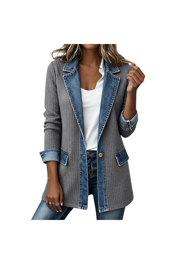 Women Color Block Knit Blazer Denim Lapel Trim Single Button Mid Length Ribbed Textured Long Sleeve Cuffed Casual Layering Outer Coat With Patch Pockets Gray M