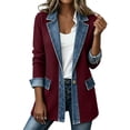 thumbnail image 1 of Sexlip Women Color Block Knit Blazer Denim Lapel Trim Single Button Mid Length Ribbed Textured Long Sleeve Cuffed Casual Layering Outer Coat With Patch Pockets Red L, 1 of 8