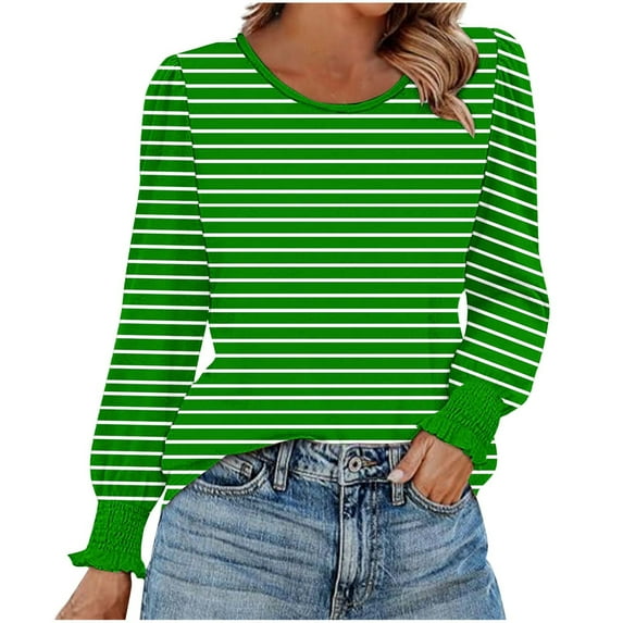 Sexlip Women Cotton Striped Long Sleeve Tee Casual Crew Neck Tops for Spring and Daily Wear Green M