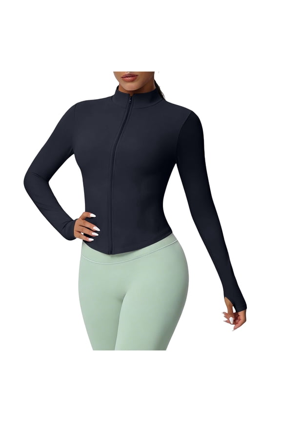Women Cropped Athletic Zip Up Jacket Stand Collar Thumb Hole Cuff Fitted Waist Stretch Slim Long Sleeve Yoga Workout Layering Outer Coat Black M