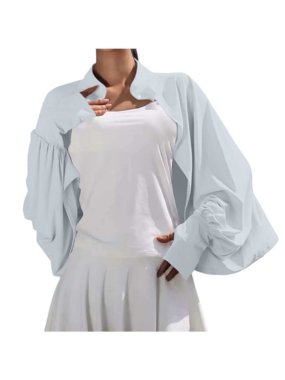 Women Cropped Bolero Shrug Jacket Stand Collar Single Snap Button Puff Gathered Long Sleeve Lightweight Chiffon Sun Protection Open Front Layering Outer Cover Up Silver Free Size