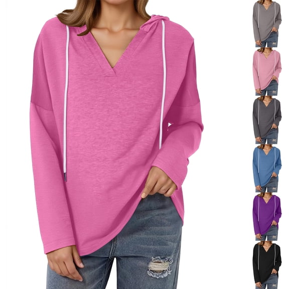 Sexlip Women Drawstring Long Sleeve Tunic Tops Pullover V Neck Hoodies Loose Fit Casual Fall Sweatshirts Black L