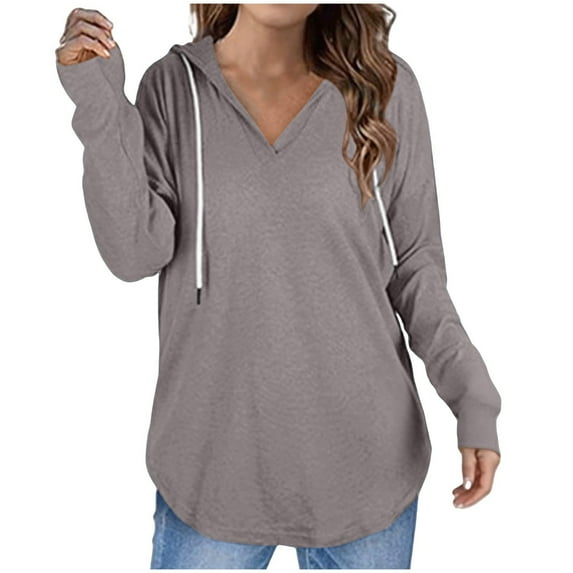 Sexlip Women Drawstring Long Sleeve Tunic Tops Pullover V Neck Hoodies Loose Fit Casual Fall Sweatshirts Gray XXL