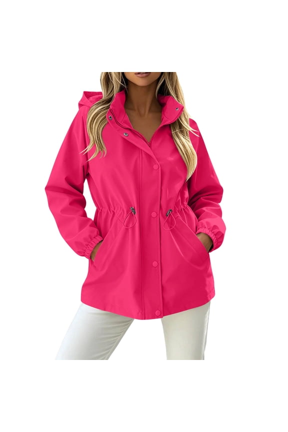 Women Drawstring Waist Hooded Rain Jacket Mid Length Dual Closure Zip Snap Windproof Outdoor Coat Elastic Cuff Deep Side Pockets Casual Commute Outerwear Pink S